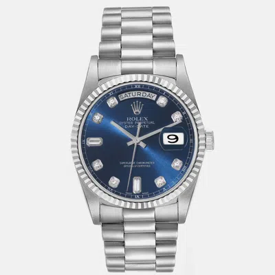 Pre-owned Rolex President Day-date White Gold Diamond Dial Men's Watch 36 Mm In Blue