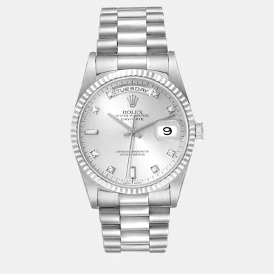 Pre-owned Rolex President Day-date White Gold Diamond Dial Men's Watch 36 Mm In Silver