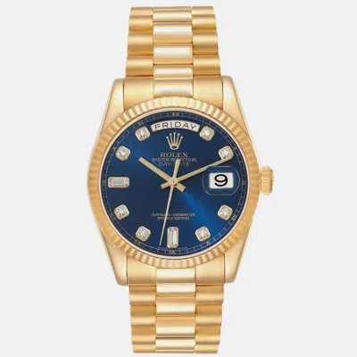Pre-owned Rolex President Day Date Yellow Gold Blue Diamond Dial Men's Watch 36 Mm