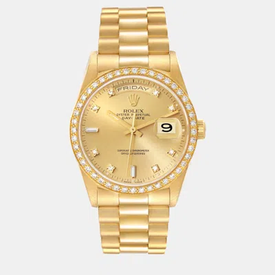 Pre-owned Rolex President Day Date Yellow Gold Diamond Men's Watch 36 Mm