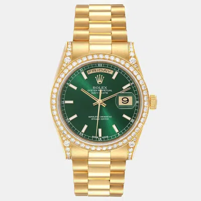 Pre-owned Rolex President Day-date Yellow Gold Diamond Men's Watch 36 Mm In Green