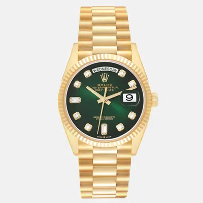 Pre-owned Rolex President Day-date Yellow Gold Green Diamond Dial Men's Watch 36 Mm