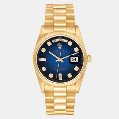 Pre-owned Rolex President Day-date Yellow Gold Vignette Diamond Dial Men's Watch 36 Mm In Blue