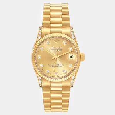 Pre-owned Rolex President Midsize Champagne Dial Yellow Gold Diamond Ladies Watch 31 Mm