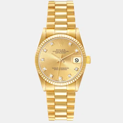 Pre-owned Rolex President Midsize Yellow Gold Diamond Dial Ladies Watch 31 Mm