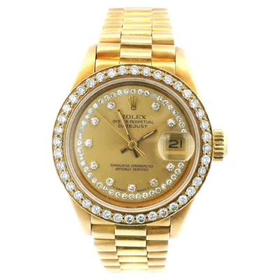 Pre-owned Rolex Presidential 69088 Champagne String Diamond Dial & Custom Diamond Bezel In Multi