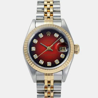 Pre-owned Rolex Red 18k Yellow Gold Stainless Steel Diamond Datejust 69173 Automatic Women's Wristwatch 26 Mm