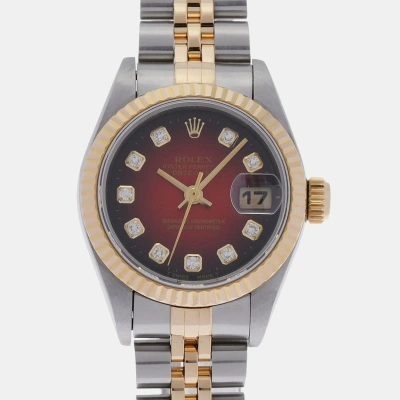 Pre-owned Rolex Red Diamond 18k Yellow Gold Stainless Steel Datejust 69173 Automatic Women's Wristwatch 26 Mm