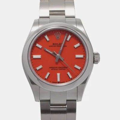 Pre-owned Rolex Red Stainless Steel Oyster Perpetual Automatic Women's Wristwatch 30 Mm