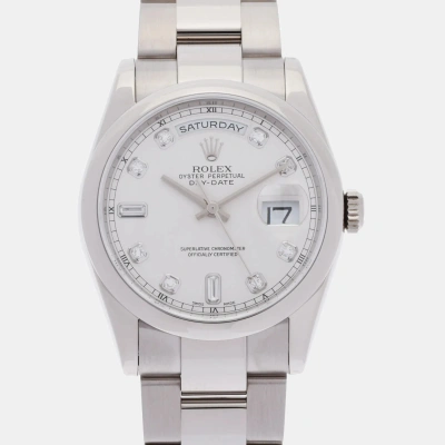 Pre-owned Rolex Silver Diamond 18k White Gold Day-date 118209a Automatic Men's Wristwatch 36 Mm