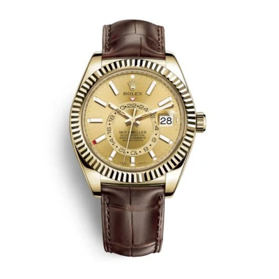 Rolex Sky-dweller Champagne Dial Automatic 18kt Yellow Gold Men's Leather Watch 326138csl In Brown