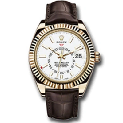 Rolex Sky-dweller White Dial Automatic 18kt Yellow Gold Men's Leather Watch 326138wsl In Brown