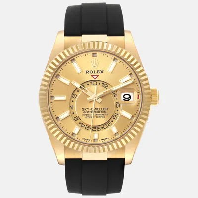 Pre-owned Rolex Sky-dweller Yellow Gold Champagne Dial Oysterflex Men's Watch 42 Mm