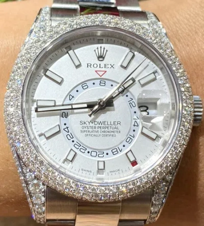 Pre-owned Rolex Skydweller 42mm 326934 18k White Gold Diamond Bezel Diamond Lugs Iced Out