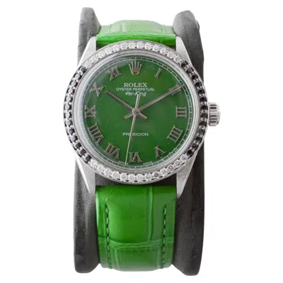 Pre-owned Rolex Stainless Steel Air-king With Custom Green Dial And Diamond Bezel