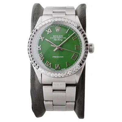 Pre-owned Rolex Stainless Steel Air-king With Custom Green Dial And Diamond Bezel