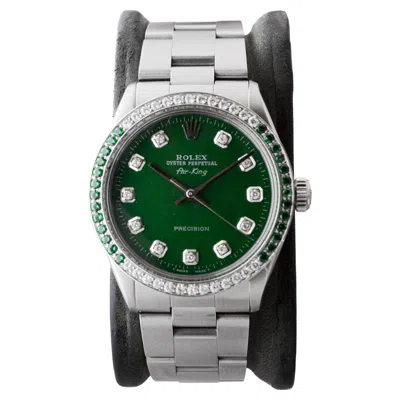 Pre-owned Rolex Stainless Steel Air-king With Custom Green Dial And Diamond Bezel