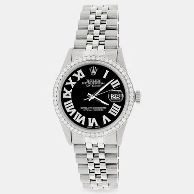 Pre-owned Rolex Custom Black Diamond Stainless Steel Datejust Automatic Men's Wristwatch 36mm