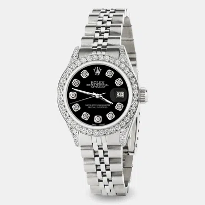 Pre-owned Rolex Custom Black Mop Diamond Stainless Steel Datejust Automatic Women's Wristwatch 26mm
