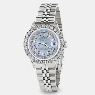 Pre-owned Rolex Custom Blue Mop 2.35ct Diamond Stainless Steel Datejust Automatic Women's Wristwatch 26mm