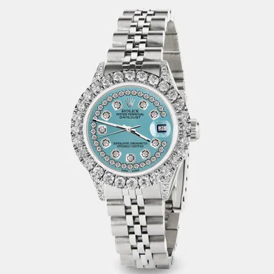 Pre-owned Rolex Custom Turquoise 2.35ct Diamond Stainless Steel Datejust Automatic Women's Wristwatch 26mm In Blue