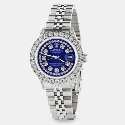 Pre-owned Rolex Custom Navy Blue 2.35ct Diamond Stainless Steel Datejust Automatic Women's Wristwatch 26mm