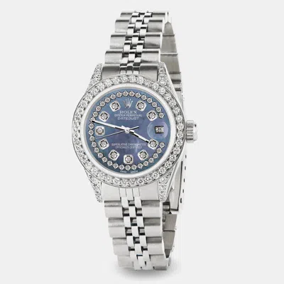 Pre-owned Rolex Custom Pearl Diamond Stainless Steel Datejust Automatic Women's Wristwatch 26mm In Blue