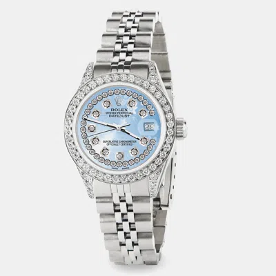 Pre-owned Rolex Custom Blue Flower Diamond Stainless Steel Datejust Automatic Women's Wristwatch 26mm