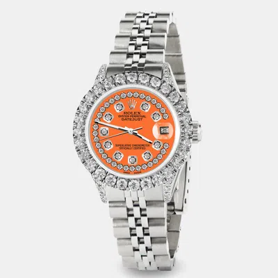 Pre-owned Rolex Custom Pastel Orange 2.35ct Diamond Stainless Steel Datejust Automatic Women's Wristwatch 26mm