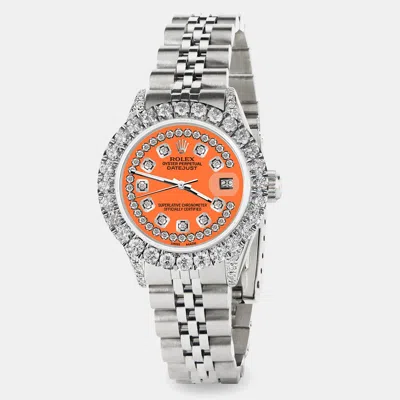 Pre-owned Rolex Custom Orange 2.35ct Diamond Stainless Steel Datejust Automatic Women's Wristwatch 26mm