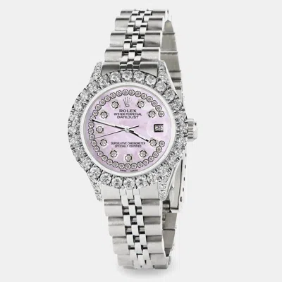 Pre-owned Rolex Custom Pink Pearl 2.35ct Diamond Stainless Steel Datejust Automatic Women's Wristwatch 26mm