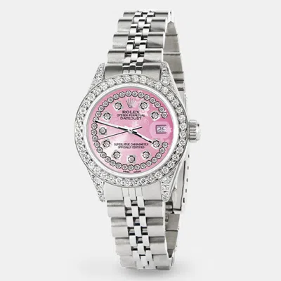 Pre-owned Rolex Custom Pink Diamond Stainless Steel Datejust Automatic Women's Wristwatch 26mm