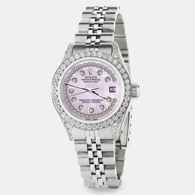 Pre-owned Rolex Custom Pink Pearl Diamond Stainless Steel Datejust Automatic Women's Wristwatch 26mm