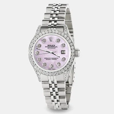 Pre-owned Rolex Custom Pink Pearl Diamond Stainless Steel Datejust Automatic Women's Wristwatch 26mm