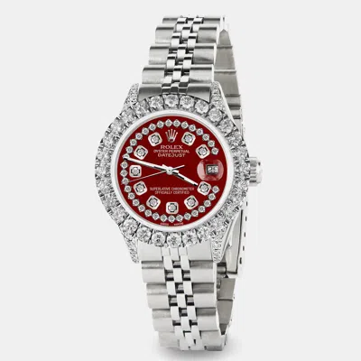 Pre-owned Rolex Custom 2.35ct Diamond Stainless Steel Datejust Automatic Women's Wristwatch 26mm In Red