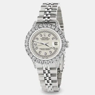 Pre-owned Rolex Custom Satin Linen 2.35ct Diamond Stainless Steel Datejust Automatic Women's Wristwatch 26mm In Silver