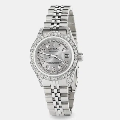 Pre-owned Rolex Custom Silver Diamond Stainless Steel Datejust Automatic Women's Wristwatch 26mm