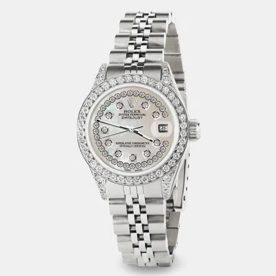 Pre-owned Rolex Custom Natural Pearl Diamond Stainless Steel Datejust Automatic Women's Wristwatch 26mm In Silver