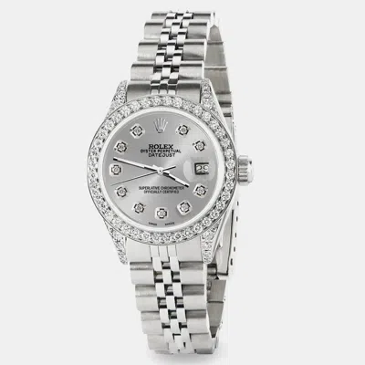 Pre-owned Rolex Custom Silver Diamond Stainless Steel Datejust Automatic Women's Wristwatch 26mm