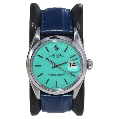 Pre-owned Rolex Stainless Steel Oyster Perpetual Date With Custom Blue Dial 1970's