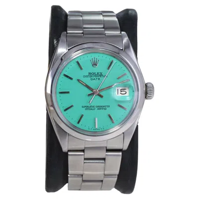 Pre-owned Rolex Stainless Steel Oyster Perpetual Date With Custom Blue Dial 1970's