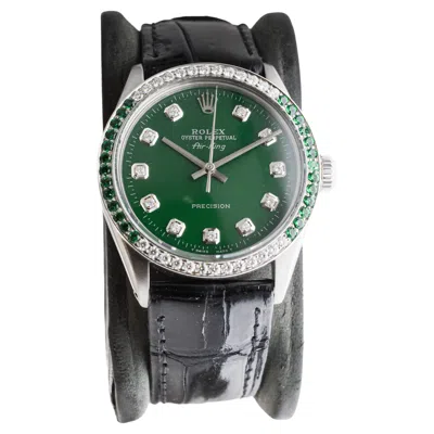 Pre-owned Rolex Steel Air-king With Custom Diamond Dial And Diamond And Emerald Bezel In Green