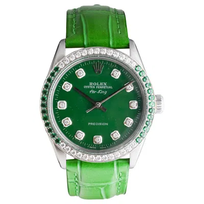 Pre-owned Rolex Steel Air-king With Custom Diamond Dial And Diamond And Emerald Bezel In Green