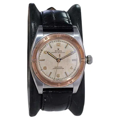 Pre-owned Rolex Steel And Rose Gold "bubble Back" With Rare Original Dial From 1942 In Red