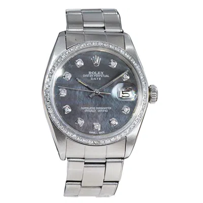 Pre-owned Rolex Steel Oyster Perpetual Date Custom Mother Of Pearl Diamond Dial And Bezel In Multi