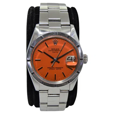 Pre-owned Rolex Steel Oyster Perpetual Date Custom Orange Dial Engine Turned Bezel
