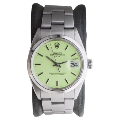 Pre-owned Rolex Steel Oyster Perpetual Date With Custom Made Light Green Dial Circa 1970's