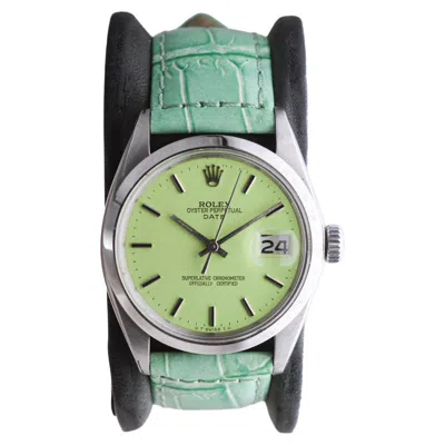 Pre-owned Rolex Steel Oyster Perpetual Date With Custom Made Light Green Dial Circa 1970's