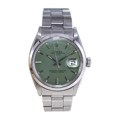 Pre-owned Rolex Steel Oyster Perpetual Date With Custom Made Sage Green Dial 1970's