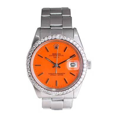 Pre-owned Rolex Steel Oyster Perpetual Date With Custom Orange Dial & Custom Diamond Bezel